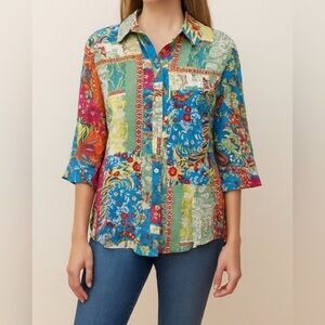 Jones New York Womens 100% Rayon Paisley Floral Patchwork Button Blouse sz 1X